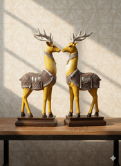 Homivio Decorative Deer Showpiece (Set of 2) – 16x16 Inch – Antique Silver & Yellow Finish | Home Decor Gift Item