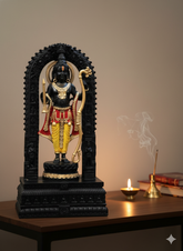 Rudram Shree Ram Ji Lalla Murti Ayodhya Model Mandir - Multi Colour Black Stone Idol Statue for Home or Office (7 Inch) (Plain Base)| Ram Darbar Murti for Home Temple & Decoration | Premium Fiber Resin Statue (Black & Gold Finish)