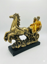 Pure Horse Baggi with Cute Love Couple Statue Showpiece Home Interior Decor Item, Feng Shuai Table Decoration Idol Gift Showpiece - Antique Gold Finish | Royal Couple in Horse Carriage Showpiece | Antique Gold Finish Decorative Statue