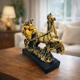 Pure Horse Baggi with Cute Love Couple Statue Showpiece Royal Couple in Horse Carriage Showpiece | Antique Gold Finish Decorative Statue
