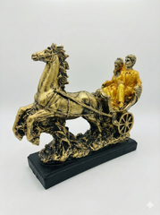 Pure Horse Baggi with Cute Love Couple Statue Showpiece Home Interior Decor Item, Feng Shuai Table Decoration Idol Gift Showpiece - Antique Gold Finish | Royal Couple in Horse Carriage Showpiece | Antique Gold Finish Decorative Statue