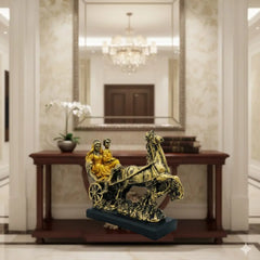 Pure Horse Baggi with Cute Love Couple Statue Showpiece Royal Couple in Horse Carriage Showpiece | Antique Gold Finish Decorative Statue