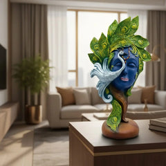 Lord Krishna Idol with Peacock Feathers| Blue Face Sculpture Religious Art Showpiece for Home Temple, Office & Gift – Spiritual Figurine for Decoration