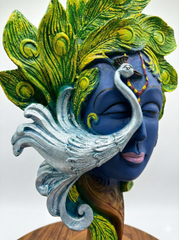 Lord Krishna Idol with Peacock Feathers| Blue Face Sculpture Religious Art Showpiece for Home Temple, Office & Gift – Spiritual Figurine for Decoration