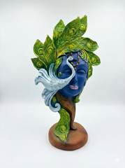Lord Krishna Idol with Peacock Feathers| Blue Face Sculpture Religious Art Showpiece for Home Temple, Office & Gift – Spiritual Figurine for Decoration